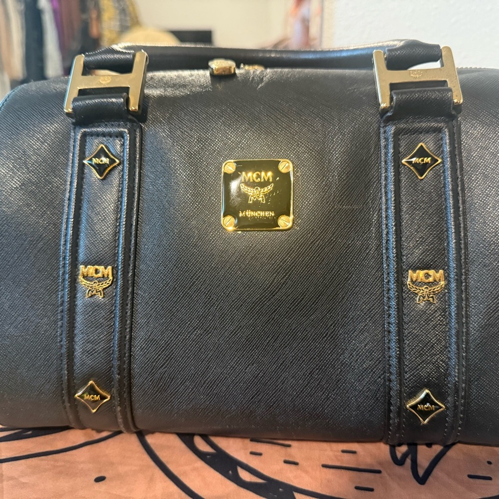 MCM Black Boston Bag with Gold Hardware